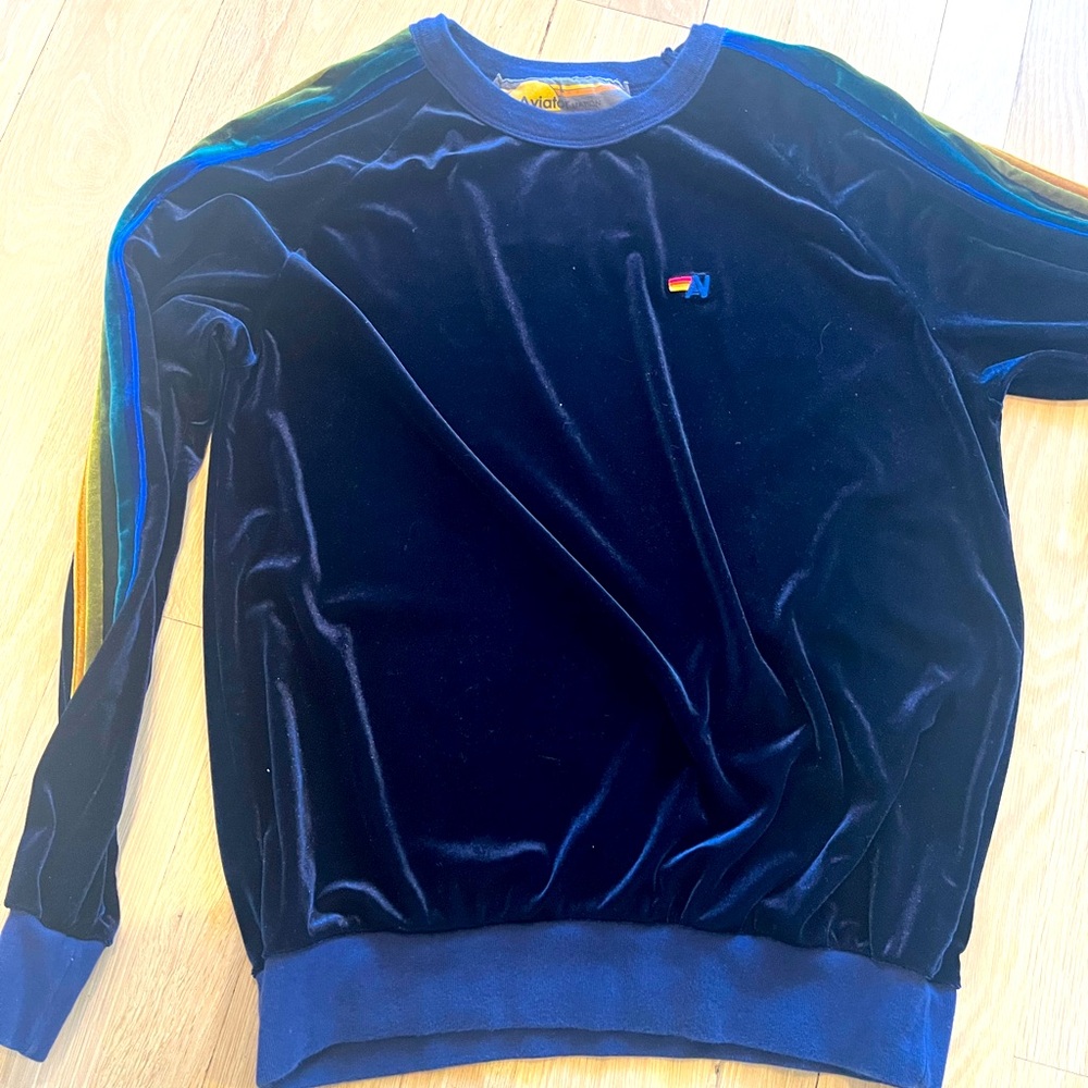 Aviator Nation Rare Navy 5 stripe sweatshirt velvet sz large